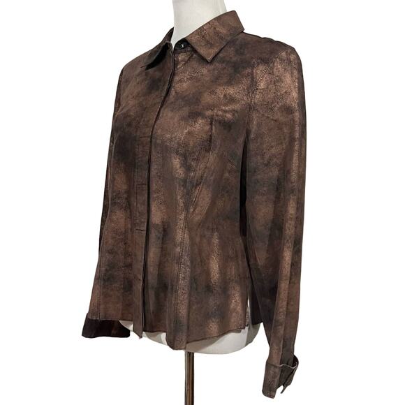 Co & Eddy Women's Suede Jacket Shirt Copper Bronze Metallic Snap Buttons Sz 12 - Picture 2 of 8